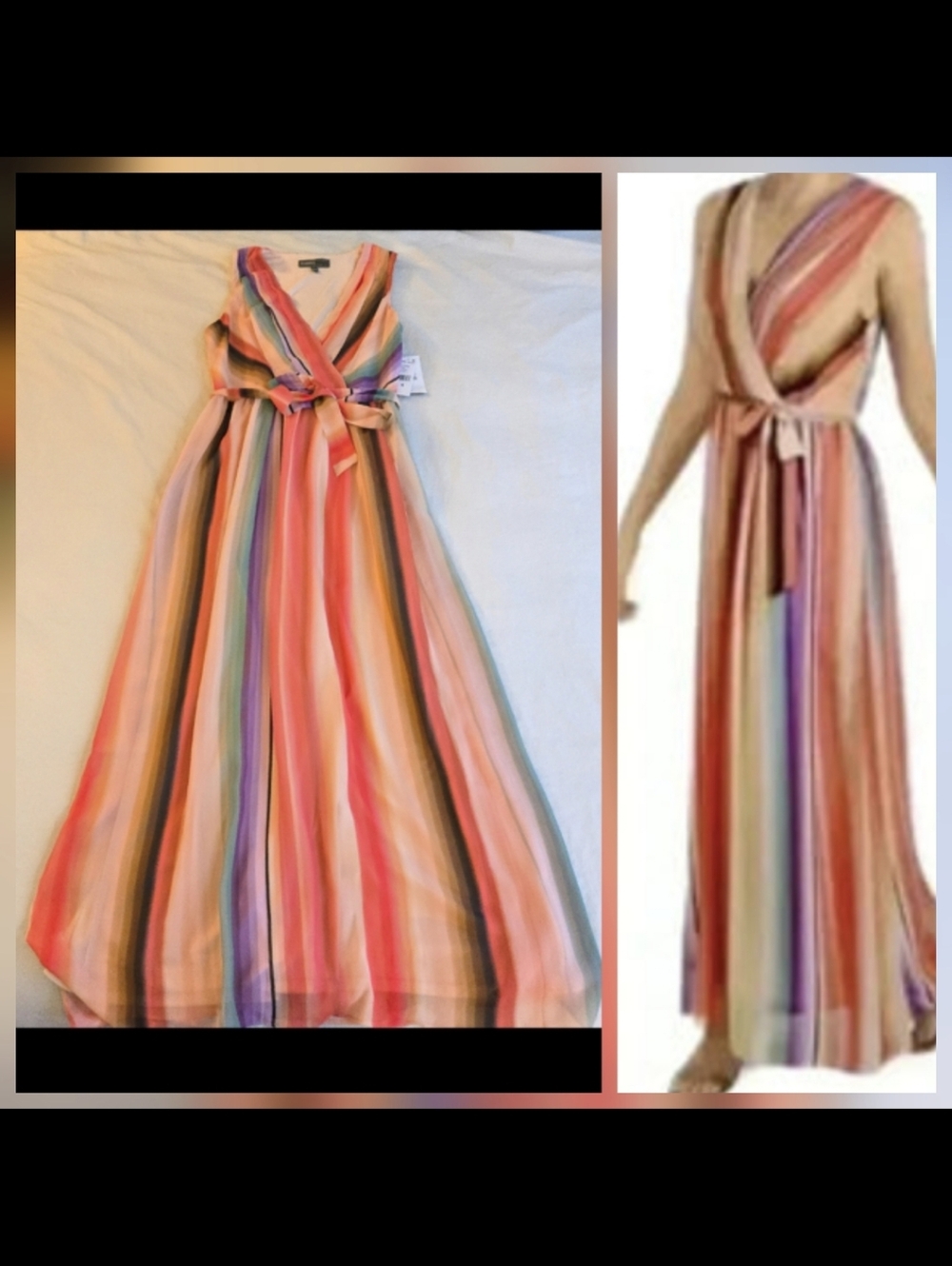 Donna Ricco Multicolor Bright Rainbow Striped Nude Maxi Wrap Front Dress CW3